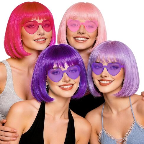 4 Pack Red Women Bobs Colored Bob Wig with Heart Sunglasses, Colorful Neon Party Wigs with Hair Net Funny Hairpieces for Cosplay Birthday Christmas Halloween Costume Musicals Bachelorette Party in Kuwait