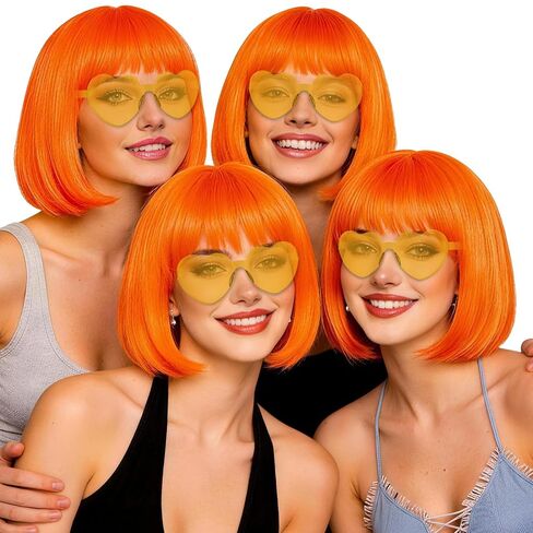 4 Pack Red Women Bobs Colored Bob Wig with Heart Sunglasses, Colorful Neon Party Wigs with Hair Net Funny Hairpieces for Cosplay Birthday Christmas Halloween Costume Musicals Bachelorette Party in Kuwait