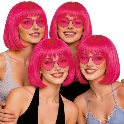 4 Pack Red Women Bobs Colored Bob Wig with Heart Sunglasses, Colorful Neon Party Wigs with Hair Net Funny Hairpieces for Cosplay Birthday Christmas Halloween Costume Musicals Bachelorette Party in Kuwait