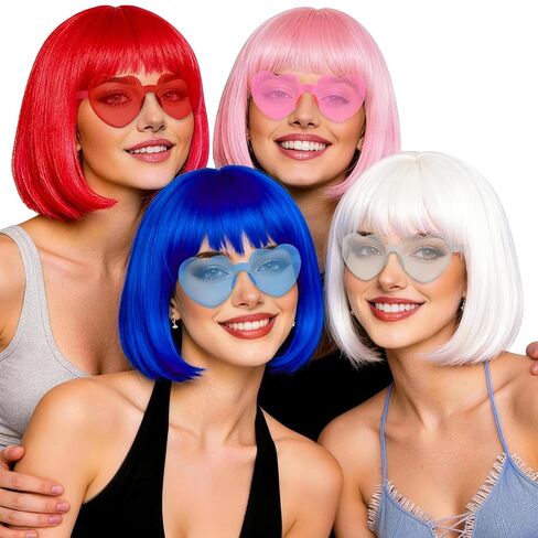 4 Pack Red Women Bobs Colored Bob Wig with Heart Sunglasses, Colorful Neon Party Wigs with Hair Net Funny Hairpieces for Cosplay Birthday Christmas Halloween Costume Musicals Bachelorette Party in Kuwait