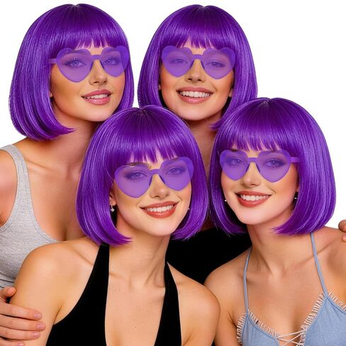 4 Pack Red Women Bobs Colored Bob Wig with Heart Sunglasses, Colorful Neon Party Wigs with Hair Net Funny Hairpieces for Cosplay Birthday Christmas Halloween Costume Musicals Bachelorette Party in Kuwait