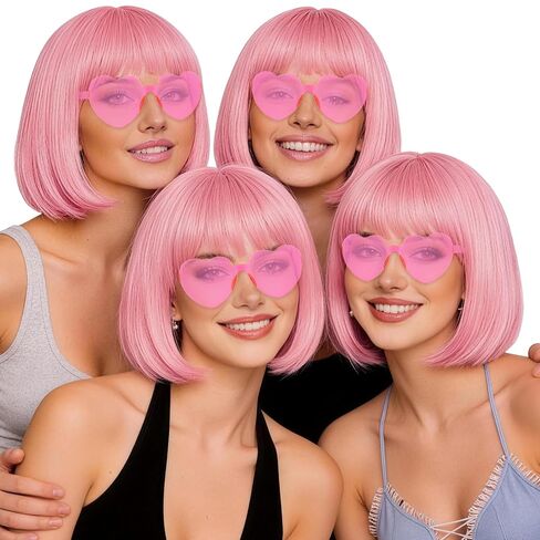4 Pack Red Women Bobs Colored Bob Wig with Heart Sunglasses, Colorful Neon Party Wigs with Hair Net Funny Hairpieces for Cosplay Birthday Christmas Halloween Costume Musicals Bachelorette Party in Kuwait