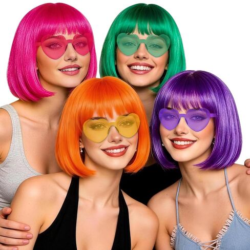 4 Pack Red Women Bobs Colored Bob Wig with Heart Sunglasses, Colorful Neon Party Wigs with Hair Net Funny Hairpieces for Cosplay Birthday Christmas Halloween Costume Musicals Bachelorette Party in Kuwait