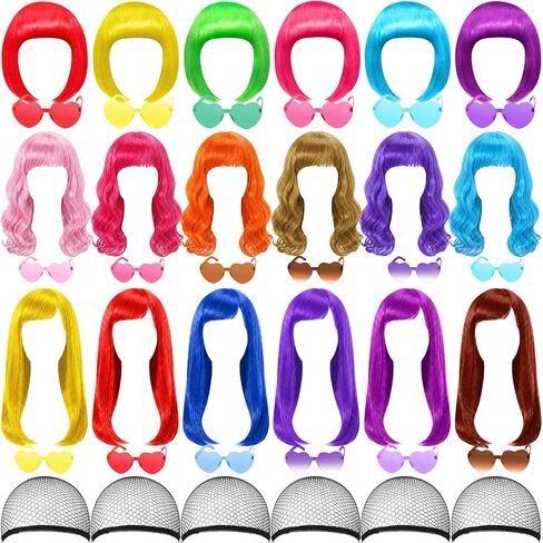 18 Pack Colored Party Wigs and Sunglass Set with 18 Pack Rimless Heart Shape Sunglasses Colorful Neon Short Bob Hair Wigs Hairpieces for Bachelorette Cosplay Neon Funky Party Favors Supplies in Saudi Arabia