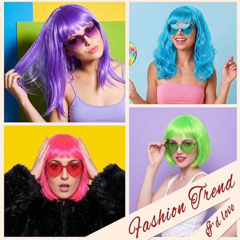 18 Pack Colored Party Wigs and Sunglass Set with 18 Pack Rimless Heart Shape Sunglasses Colorful Neon Short Bob Hair Wigs Hairpieces for Bachelorette Cosplay Neon Funky Party Favors Supplies in Saudi Arabia