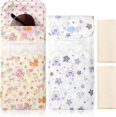 2PCS Sunglasses Pouch with Cleaning Cloth Soft Cotton Lining Glasses Case Quilted Eyeglass Pouch for Women and Girls in Saudi Arabia