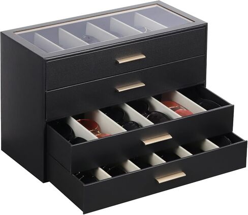 AUTORK PU Leather Sunglasses Organizer Case with Lock,4-Layer 24-Slot Eyeglass Display Box with Drawer,Glass Top Jewelry Storage Holder for Men Women,Ideal Gift for Desktop,Black,MKAWC01 in Saudi Arabia