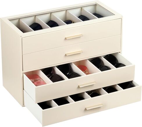 AUTORK PU Leather Sunglasses Organizer Case with Lock,4-Layer 24-Slot Eyeglass Display Box with Drawer,Glass Top Jewelry Storage Holder for Men Women,Ideal Gift for Desktop,Black,MKAWC01 in Saudi Arabia
