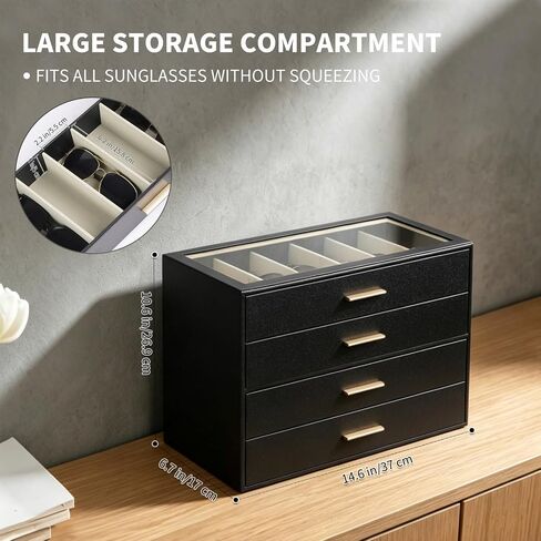 AUTORK PU Leather Sunglasses Organizer Case with Lock,4-Layer 24-Slot Eyeglass Display Box with Drawer,Glass Top Jewelry Storage Holder for Men Women,Ideal Gift for Desktop,Black,MKAWC01 in Saudi Arabia