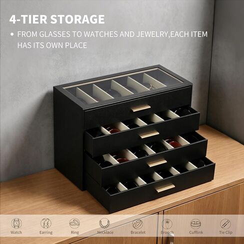 AUTORK PU Leather Sunglasses Organizer Case with Lock,4-Layer 24-Slot Eyeglass Display Box with Drawer,Glass Top Jewelry Storage Holder for Men Women,Ideal Gift for Desktop,Black,MKAWC01 in Saudi Arabia
