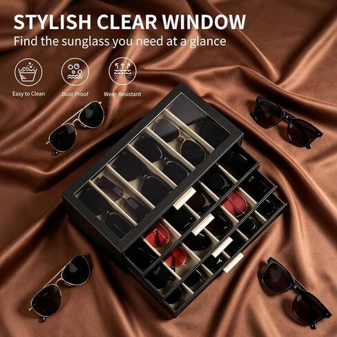 AUTORK PU Leather Sunglasses Organizer Case with Lock,4-Layer 24-Slot Eyeglass Display Box with Drawer,Glass Top Jewelry Storage Holder for Men Women,Ideal Gift for Desktop,Black,MKAWC01 in Saudi Arabia