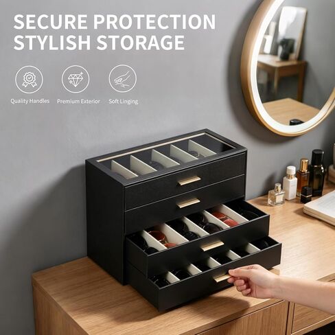 AUTORK PU Leather Sunglasses Organizer Case with Lock,4-Layer 24-Slot Eyeglass Display Box with Drawer,Glass Top Jewelry Storage Holder for Men Women,Ideal Gift for Desktop,Black,MKAWC01 in Saudi Arabia