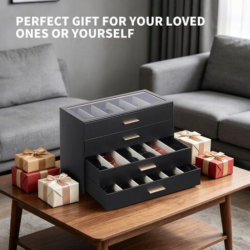 AUTORK PU Leather Sunglasses Organizer Case with Lock,4-Layer 24-Slot Eyeglass Display Box with Drawer,Glass Top Jewelry Storage Holder for Men Women,Ideal Gift for Desktop,Black,MKAWC01 in Saudi Arabia