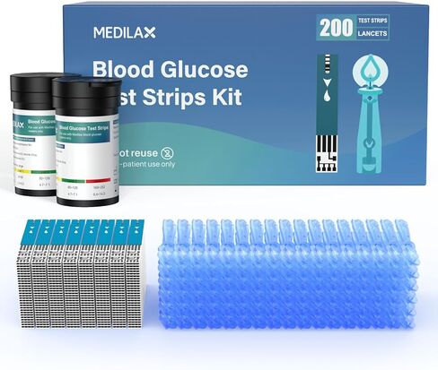 Medilax Blood Glucose Test Strips, 200 Counts Blood Sugar Test Strips + 200 Counts Lancets, Only for Medilax Blood Glucose Monitor Kit for Diabetes, High Accuracy & Fast Results in Saudi Arabia