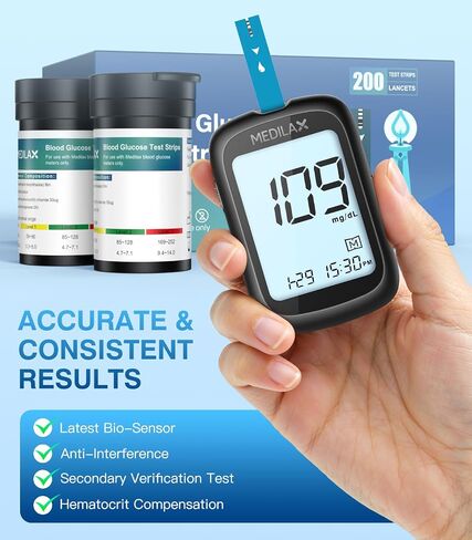 Medilax Blood Glucose Test Strips, 200 Counts Blood Sugar Test Strips + 200 Counts Lancets, Only for Medilax Blood Glucose Monitor Kit for Diabetes, High Accuracy & Fast Results in Saudi Arabia