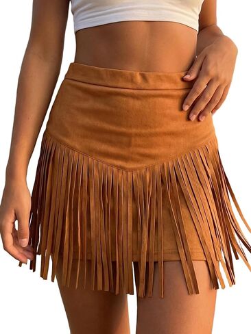 Western Cowgirl Fringe Skirt for Women High Waisted Suede Tassel Skirt Country Concert Rave Festival Bottom in Kuwait