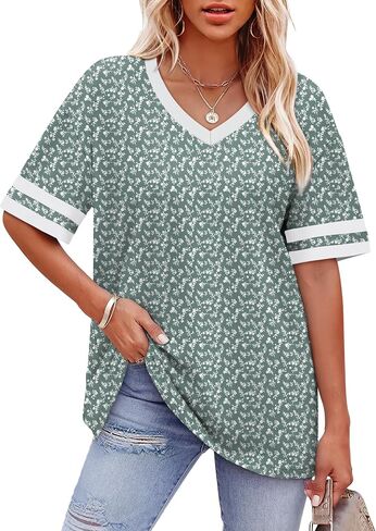WIHOLL Womens T Shirts Loose Fit Short Sleeve Tees V Neck Color Block Summer Tops 2026 Fashion S-4XL in Kuwait