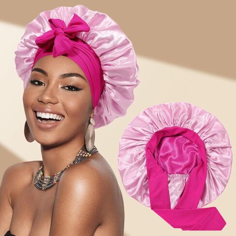 Reversible Satin Bonnet for Sleeping Women Double Layer Hair Bonnet with Hair Scrunchies Elastic Tie Band Night Cap Pink in Kuwait
