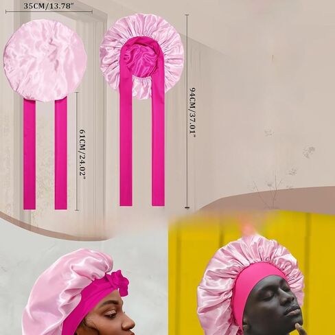 Reversible Satin Bonnet for Sleeping Women Double Layer Hair Bonnet with Hair Scrunchies Elastic Tie Band Night Cap Pink in Kuwait