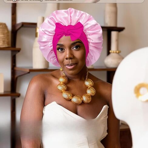Reversible Satin Bonnet for Sleeping Women Double Layer Hair Bonnet with Hair Scrunchies Elastic Tie Band Night Cap Pink in Kuwait