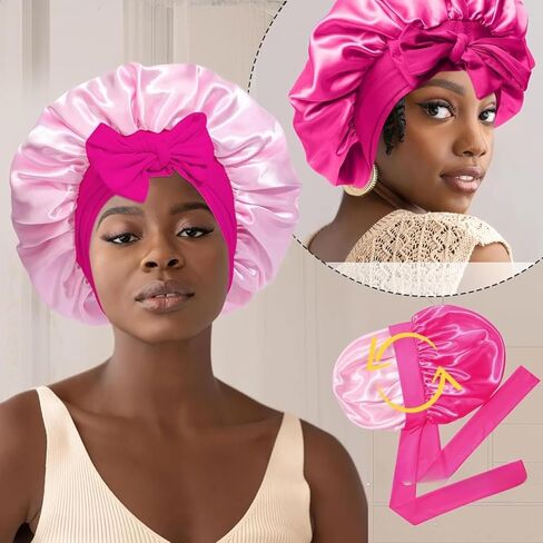 Reversible Satin Bonnet for Sleeping Women Double Layer Hair Bonnet with Hair Scrunchies Elastic Tie Band Night Cap Pink in Kuwait