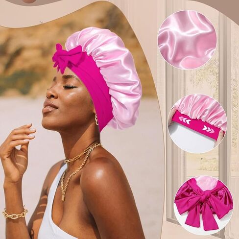 Reversible Satin Bonnet for Sleeping Women Double Layer Hair Bonnet with Hair Scrunchies Elastic Tie Band Night Cap Pink in Kuwait