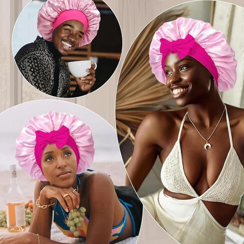 Reversible Satin Bonnet for Sleeping Women Double Layer Hair Bonnet with Hair Scrunchies Elastic Tie Band Night Cap Pink in Kuwait