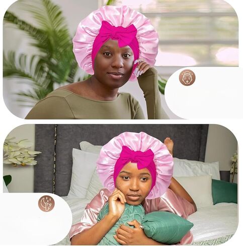 Reversible Satin Bonnet for Sleeping Women Double Layer Hair Bonnet with Hair Scrunchies Elastic Tie Band Night Cap Pink in Kuwait