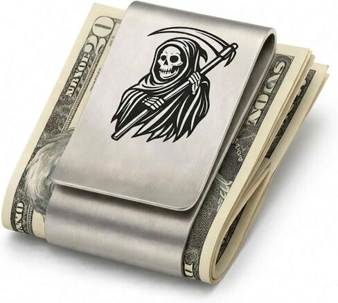 IN SELECT Grim Reaper Engraved Money Clip for Men, Double-Layer Stainless Steel Slim Cash & Card Holder, Minimalist EDC, Custom Name Laser Engraving Option (Grim Reaper Engraved) in Saudi Arabia