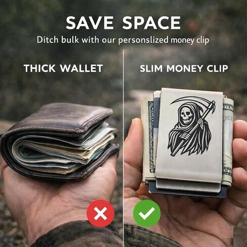 IN SELECT Grim Reaper Engraved Money Clip for Men, Double-Layer Stainless Steel Slim Cash & Card Holder, Minimalist EDC, Custom Name Laser Engraving Option (Grim Reaper Engraved) in Saudi Arabia
