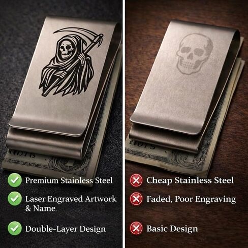 IN SELECT Grim Reaper Engraved Money Clip for Men, Double-Layer Stainless Steel Slim Cash & Card Holder, Minimalist EDC, Custom Name Laser Engraving Option (Grim Reaper Engraved) in Saudi Arabia