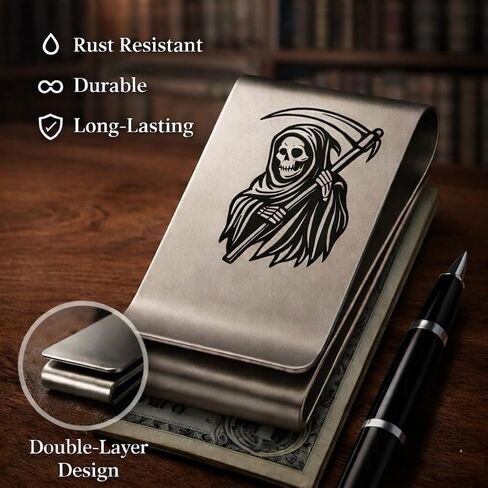 IN SELECT Grim Reaper Engraved Money Clip for Men, Double-Layer Stainless Steel Slim Cash & Card Holder, Minimalist EDC, Custom Name Laser Engraving Option (Grim Reaper Engraved) in Saudi Arabia
