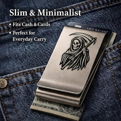 IN SELECT Grim Reaper Engraved Money Clip for Men, Double-Layer Stainless Steel Slim Cash & Card Holder, Minimalist EDC, Custom Name Laser Engraving Option (Grim Reaper Engraved) in Saudi Arabia