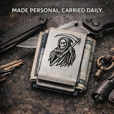 IN SELECT Grim Reaper Engraved Money Clip for Men, Double-Layer Stainless Steel Slim Cash & Card Holder, Minimalist EDC, Custom Name Laser Engraving Option (Grim Reaper Engraved) in Saudi Arabia