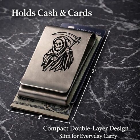 IN SELECT Grim Reaper Engraved Money Clip for Men, Double-Layer Stainless Steel Slim Cash & Card Holder, Minimalist EDC, Custom Name Laser Engraving Option (Grim Reaper Engraved) in Saudi Arabia