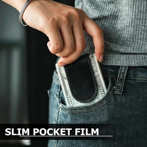 Slim Magnetic Money Clip for Men, Genuine Leather Business Card Holder, Minimalist Pocket Cash Wallet for Travel, Work & Everyday Carry, Black - Ideal Gift for Men in Saudi Arabia