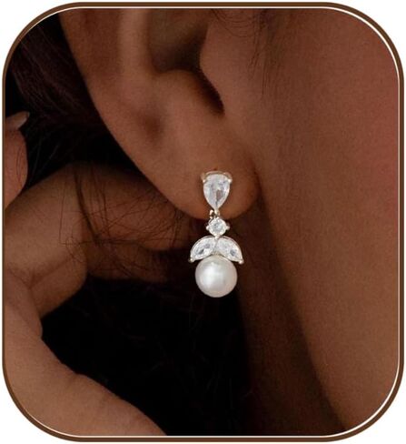 Pearl Earrings for Women, Dainty Wedding Bridal Earrings 14k Gold Plated CZ Pearl Drop Earrings for Women Trendy Hypoallergenic Unique Gold Drop Earrings Fashion Prom Jewelry in Saudi Arabia