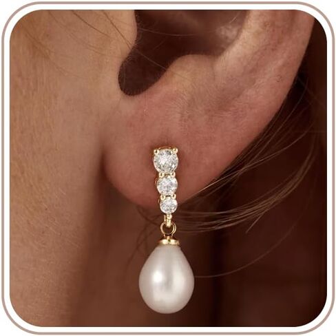 Gold Pearl Earrings for Women Trendy, Hypoallergenic 14K Plated Gold Hoop Huggie Earrings Dainty Freshwater Pearl Drop Dangle Bridesmaid Brides Wedding Earring Gold Jewelry for Women Gifts in Saudi Arabia