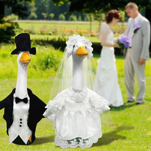 2 Sets Porch Goose Wedding Outfit for 23'' Goose, Goose Couple Bride Groom Tuxedo Suit, Wedding Decor Gift for Couples Bridal Shower Party in Saudi Arabia