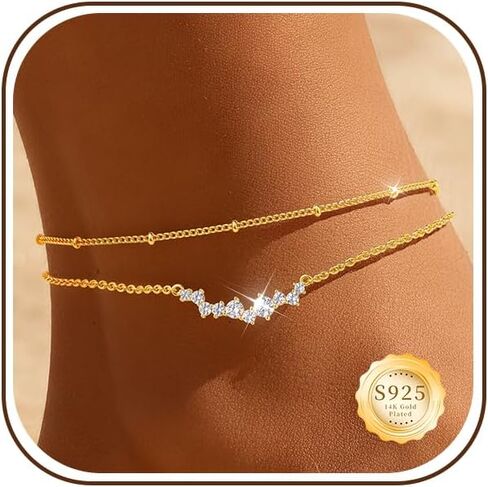Sterling Silver Ankle for Bracelets Women 14K Gold Waterproof Layered Stackable Chain Sparkling Zircon Adjustable Non Tarnish Anklet Bracelet for Summer Beach Jewelry Gift in Kuwait