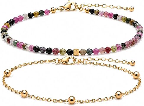 2Pcs Beaded Anklets for Women, Natural Stone Bead Ankle Bracelets with 14K Gold Plated Chain, Waterproof Adjustable Layered Anklet Set, Boho Beach Summer Jewelry Gift in Kuwait