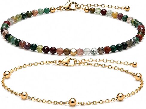 2Pcs Beaded Anklets for Women, Natural Stone Bead Ankle Bracelets with 14K Gold Plated Chain, Waterproof Adjustable Layered Anklet Set, Boho Beach Summer Jewelry Gift in Kuwait