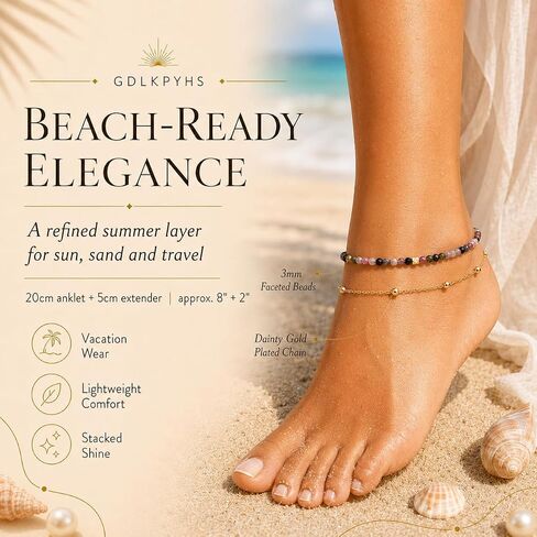 2Pcs Beaded Anklets for Women, Natural Stone Bead Ankle Bracelets with 14K Gold Plated Chain, Waterproof Adjustable Layered Anklet Set, Boho Beach Summer Jewelry Gift in Kuwait