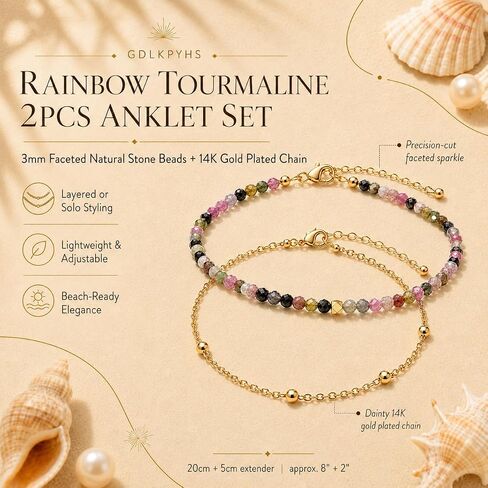 2Pcs Beaded Anklets for Women, Natural Stone Bead Ankle Bracelets with 14K Gold Plated Chain, Waterproof Adjustable Layered Anklet Set, Boho Beach Summer Jewelry Gift in Kuwait