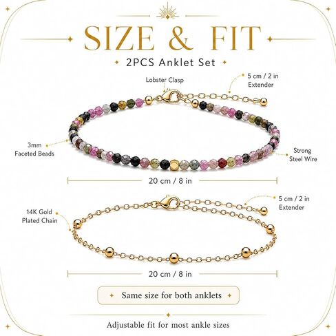 2Pcs Beaded Anklets for Women, Natural Stone Bead Ankle Bracelets with 14K Gold Plated Chain, Waterproof Adjustable Layered Anklet Set, Boho Beach Summer Jewelry Gift in Kuwait