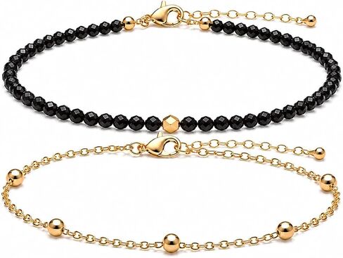 2Pcs Beaded Anklets for Women, Natural Stone Bead Ankle Bracelets with 14K Gold Plated Chain, Waterproof Adjustable Layered Anklet Set, Boho Beach Summer Jewelry Gift in Kuwait