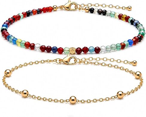 2Pcs Beaded Anklets for Women, Natural Stone Bead Ankle Bracelets with 14K Gold Plated Chain, Waterproof Adjustable Layered Anklet Set, Boho Beach Summer Jewelry Gift in Kuwait