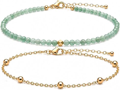 2Pcs Beaded Anklets for Women, Natural Stone Bead Ankle Bracelets with 14K Gold Plated Chain, Waterproof Adjustable Layered Anklet Set, Boho Beach Summer Jewelry Gift in Kuwait