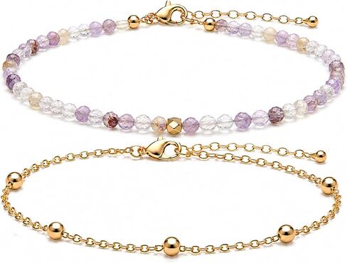 2Pcs Beaded Anklets for Women, Natural Stone Bead Ankle Bracelets with 14K Gold Plated Chain, Waterproof Adjustable Layered Anklet Set, Boho Beach Summer Jewelry Gift in Kuwait