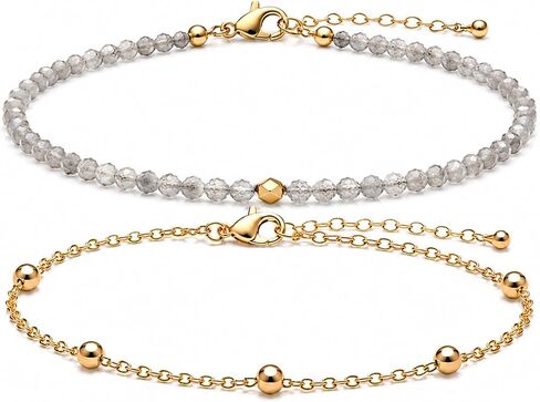 2Pcs Beaded Anklets for Women, Natural Stone Bead Ankle Bracelets with 14K Gold Plated Chain, Waterproof Adjustable Layered Anklet Set, Boho Beach Summer Jewelry Gift in Kuwait